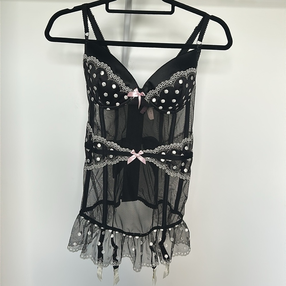 🆕 VICTORIA’S SECRET Black Bustier Corset Polka Dots Garters NWT Size 36D - Picture 9 of 16